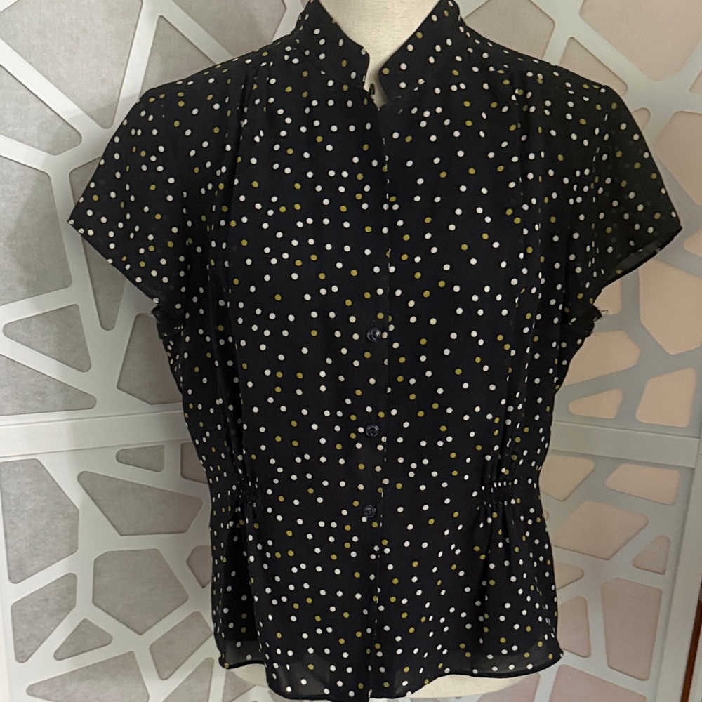 Jones New York Black Blouse with White and Gold Dots
